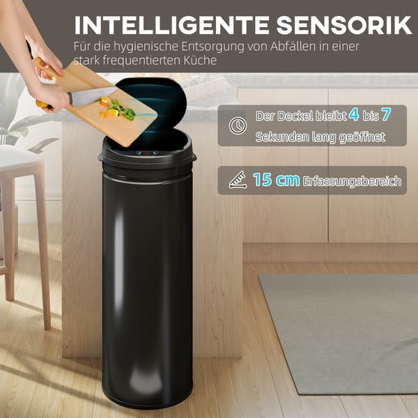 Sensoraffaldsspand 50L - Berøringsfri affaldsspand i rustfrit stål | Farve: Sort