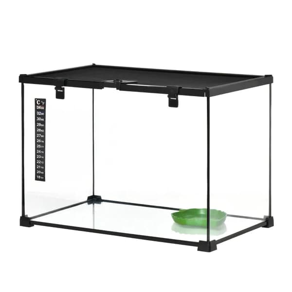Krybdyrterrarium med vandskål og termometer | Farve: Sort | Mål: 50x30x35 cm