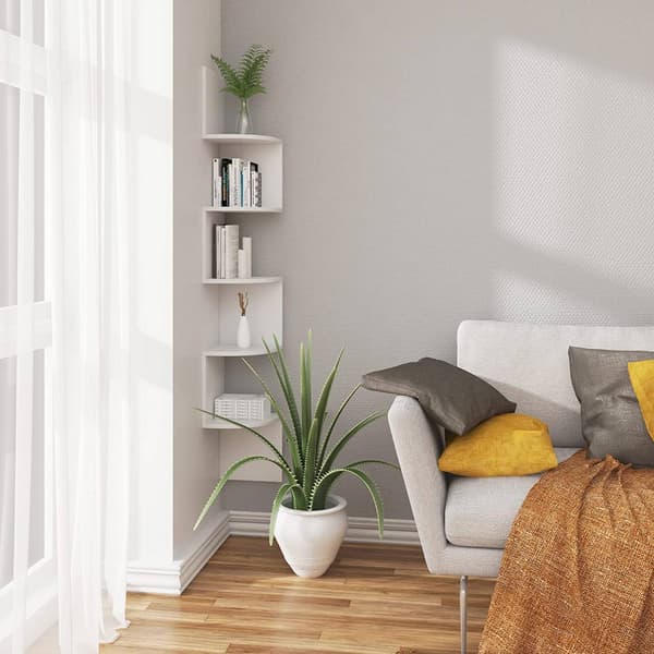 Hörnväggställ med 5 hyllor för böcker, CD och DVD | Vit | 25x156x25 cm