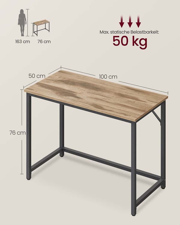 Skrivebord - Arbejdsbord - Robust - 100 x 50 x 76 cm - Brun/Sort