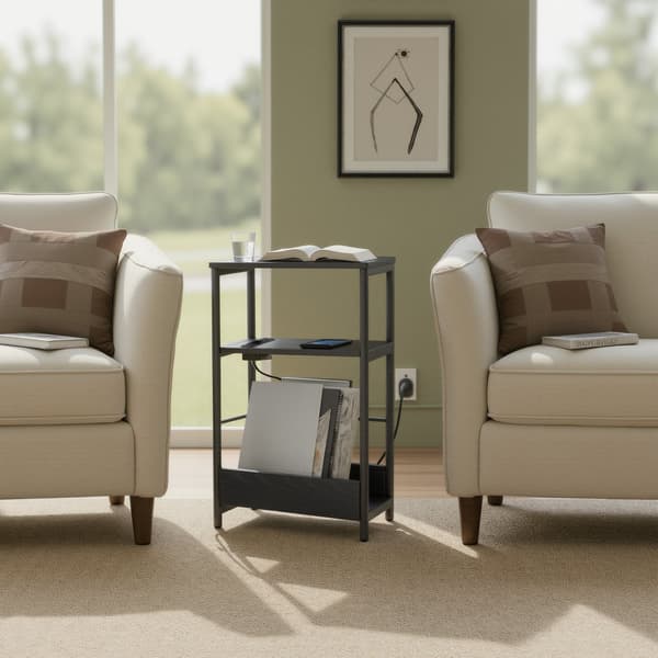 Sidebord med ladefunktion, 3 plan til stue | Sort | 45x18x58 cm