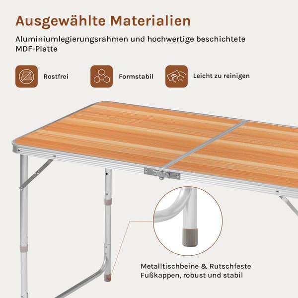 Fällbart campingbord justerbart | Ljus ek | 60x120x55/62/70 cm
