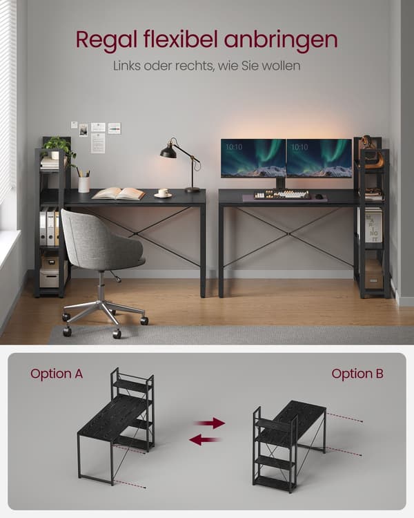 Computerbord med hylder - sort - spånplade og stål - 56 x 137 x 120 cm - nem montering