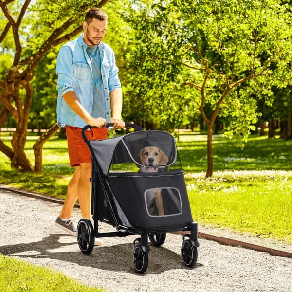 Sammenklappelig hundeklapvogn | Farve: Grå og sort | Mål: 65x112x100 cm