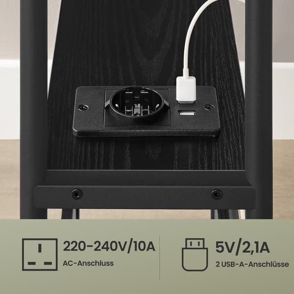 Sidebord med ladefunktion, 3 plan til stue | Sort | 45x18x58 cm