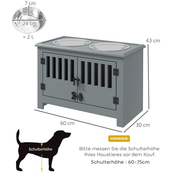 Foderstation til store hunde med 2 skåle i rustfrit stål | Farve: Grå | Mål: 60x35,5x30 cm