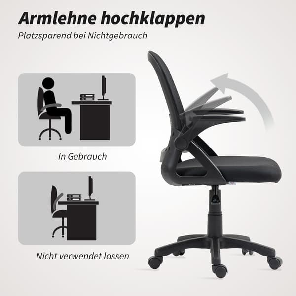 Mesh kontorstol med foldbare armlæn | Farve: Sort | Mål: 57,5x60x91-101 cm