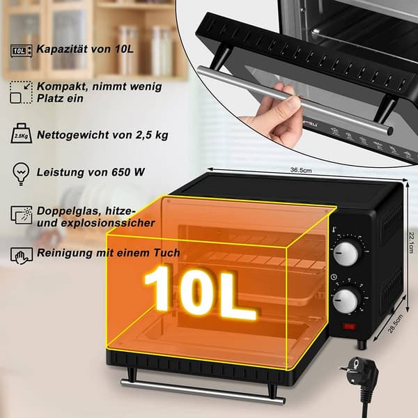 Miniovn 10 liter 800 W med timer og bageplade | Sort | 37x21x26 cm