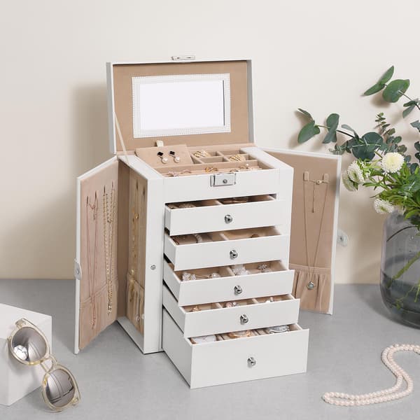 Vit smyckeskrin - Organizer - MDF - Sammetsfoder - Stor spegel - 26 x 15,5 x 32 cm