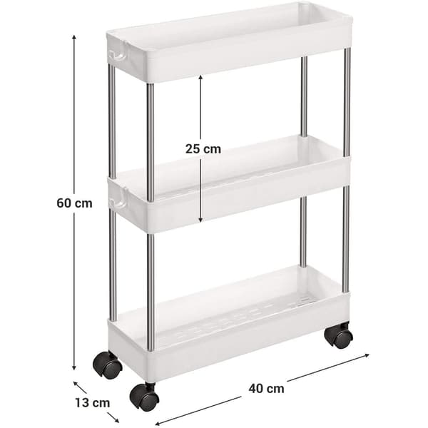 Køkkenvogn - serveringsvogn - 3 plan - pladsbesparende - hvid - 40 x 12,5 x 60 cm