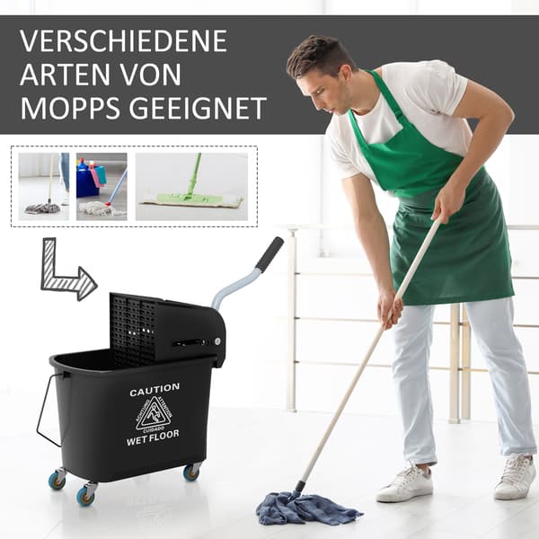 Moppespand med vrider, 20 liter | Farve: Sort | Mål: 27x60x70,5 cm