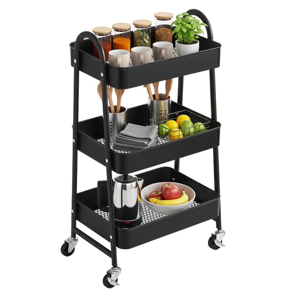 Serveringsvogn i metal med 3 niveauer | Sort | 30,7x41,4x79 cm