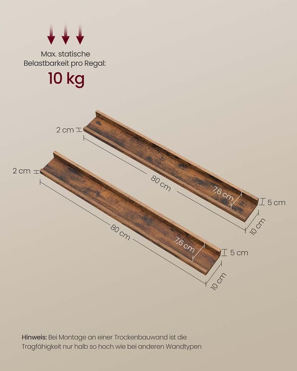 Seinähyllysarja 2 kpl - kelluva - 10 x 80 x 5/2 cm - ruskea MDF