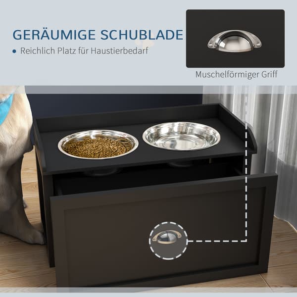 Foderstation til store hunde med 2 skåle og skuffe i rustfrit stål | Farve: Sort | Mål: 60x30x36 cm