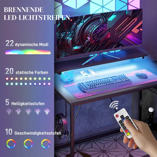 L-formet skrivebord med LED, USB og stik | Farve: Sort | Mål: 107x80x90 cm