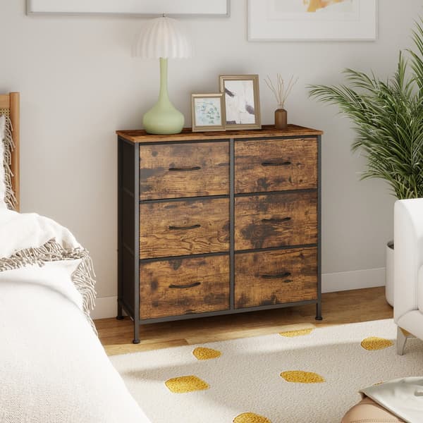 Kommode med 6 stofskuffer | Brun-sort | 76,7x30x73,7 cm