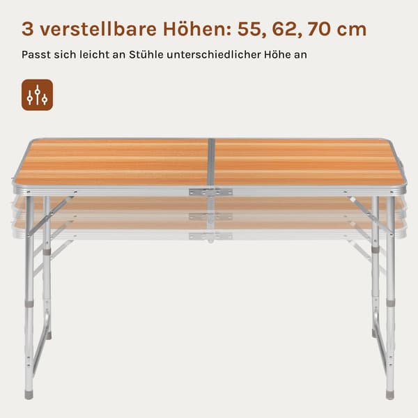 Fällbart campingbord justerbart | Ljus ek | 60x120x55/62/70 cm