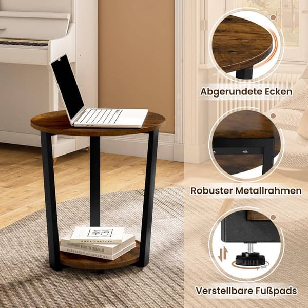 Runt sidobord med 2 hyllplan | Rustik brun | 50x50x53 cm