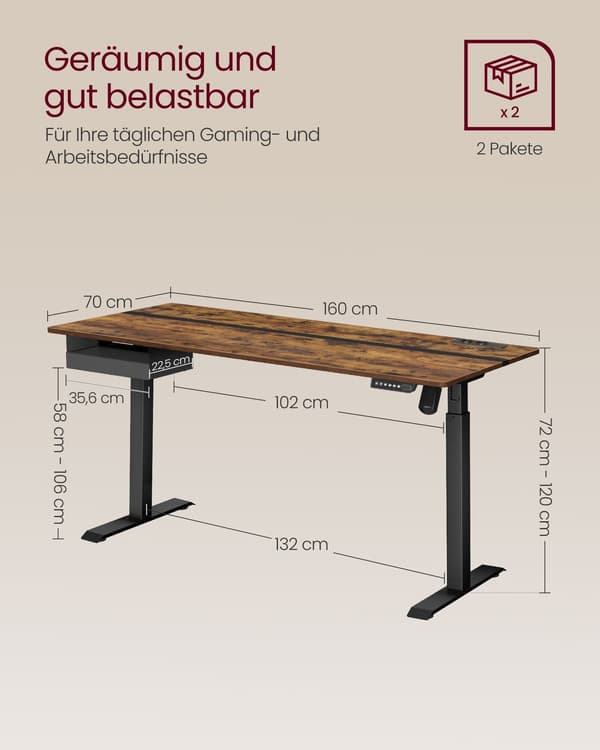 Elektrisk sidde-stå skrivebord - spånplade/stål - 70 x 160 x 72-120 cm