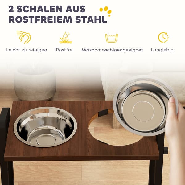 Justerbar hundefoderstand med 2 skåle i rustfrit stål | Farve: Brun, Sort | Mål: 26x48x36,5 cm