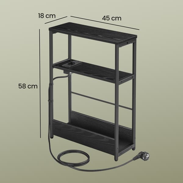 Sidebord med ladefunktion, 3 plan til stue | Sort | 45x18x58 cm