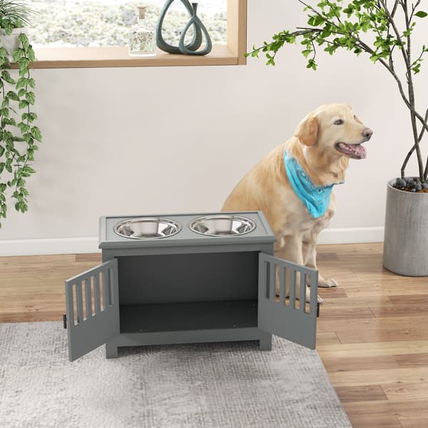 Foderstation til store hunde med 2 skåle i rustfrit stål | Farve: Grå | Mål: 60x35,5x30 cm