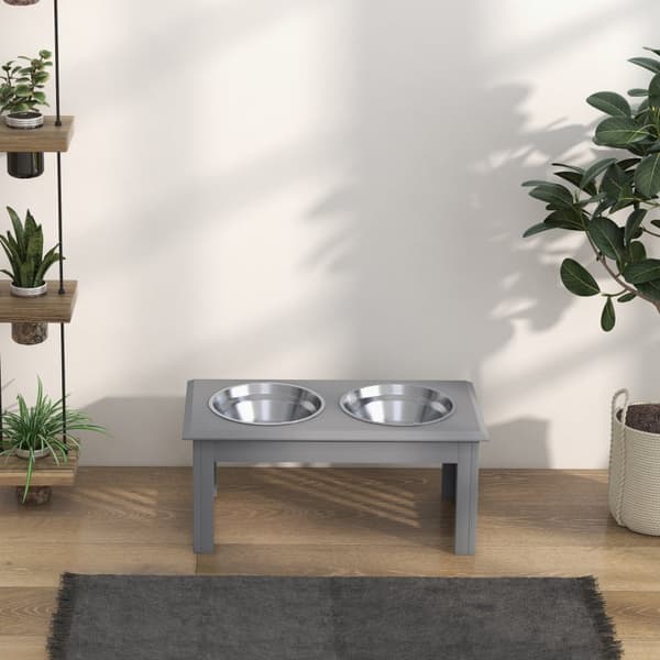 Hundefoderstation med dobbelte skåle i rustfrit stål | Farve: Grå/Sølv | Mål: 30,5x58,4x25,4 cm