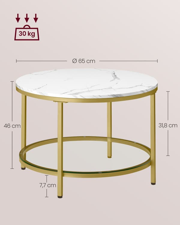 Sofabord med 2 plan - glasplade - hvid - elegant design - 65 x 46 cm