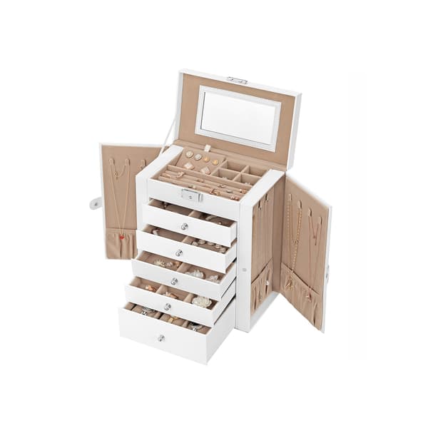 Vit smyckeskrin - Organizer - MDF - Sammetsfoder - Stor spegel - 26 x 15,5 x 32 cm