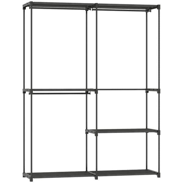 Bærbart tøjstativ med stofhylder | Farve: Sort | Mål: 43x142x185 cm