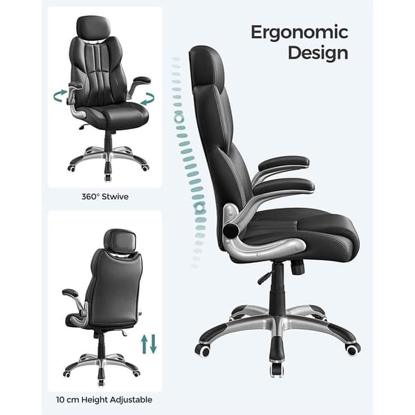 Ergonomisk kontorstol, foldbare armlæn, sort, krydsfiner, 70 x 72 x (119-129) cm