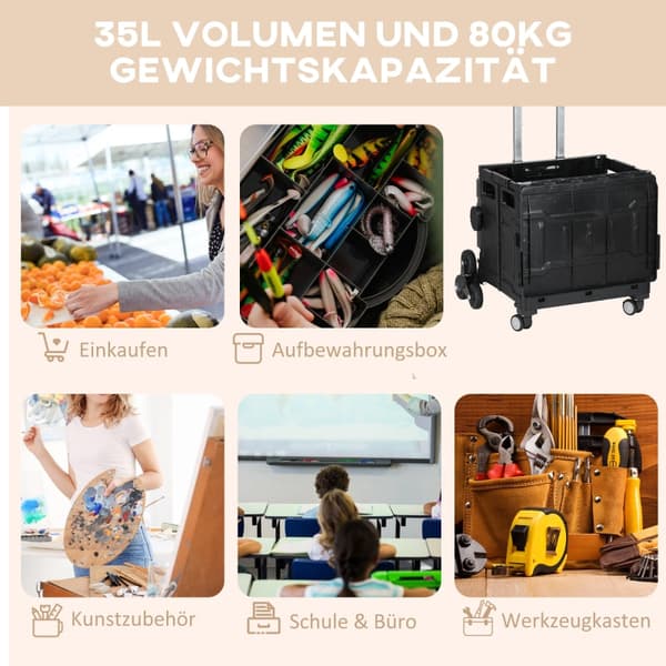 Sammenklappelig indkøbsvogn med trappehjul | Farve: Sort | Mål: 48x52x100 cm