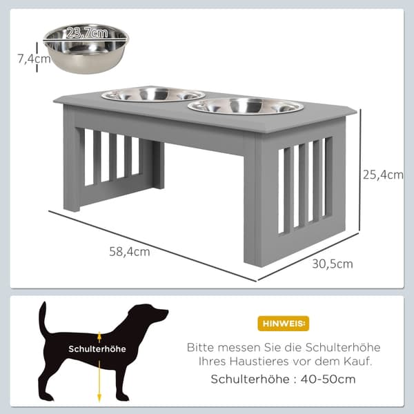 Hundefoderstation med dobbelte skåle i rustfrit stål | Farve: Grå/Sølv | Mål: 30,5x58,4x25,4 cm