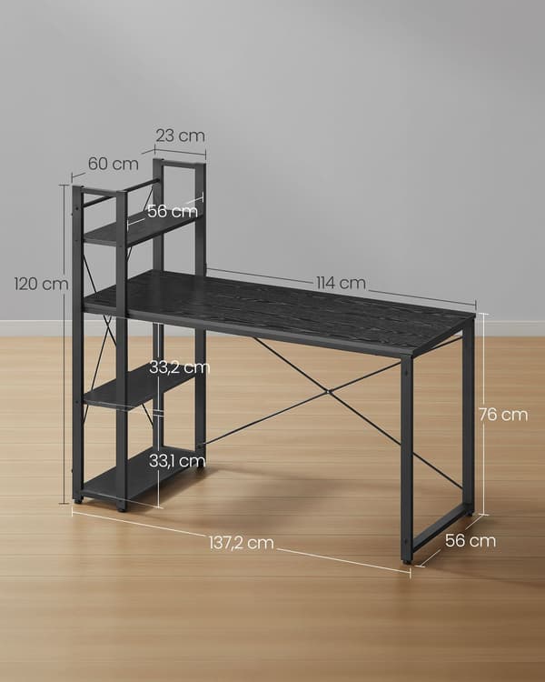 Computerbord med hylder - sort - spånplade og stål - 56 x 137 x 120 cm - nem montering