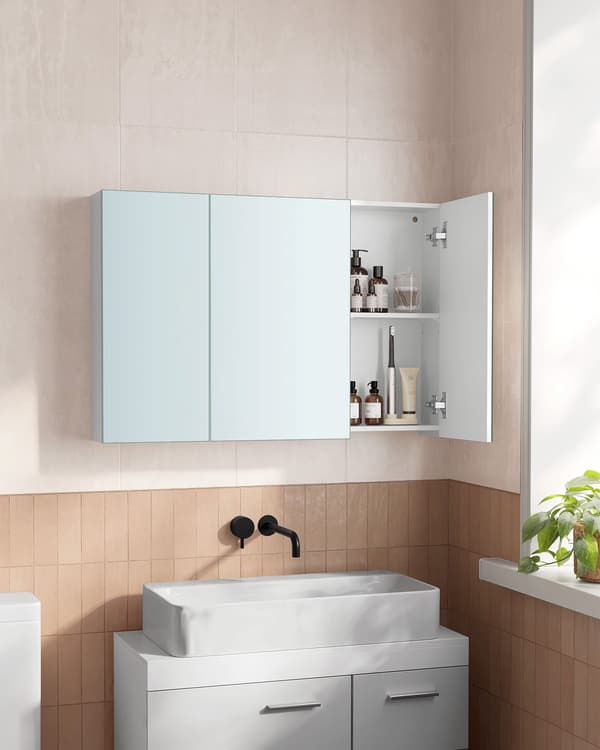 Hvidt badeværelsesskab - overskab - spånplade & glas - 15 x 90 x 60 cm