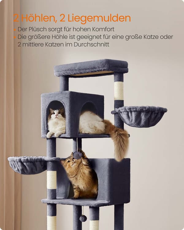Kattskrapstolpe - Katttorn - 2 hus - 190,7 cm - Grå