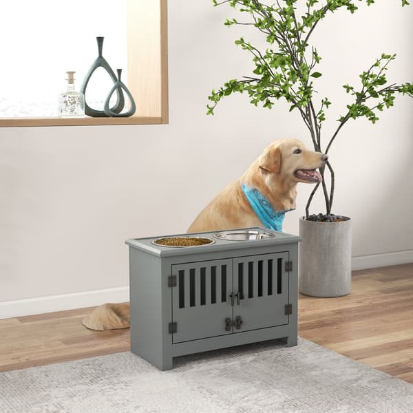 Foderstation til store hunde med 2 skåle i rustfrit stål | Farve: Grå | Mål: 60x35,5x30 cm