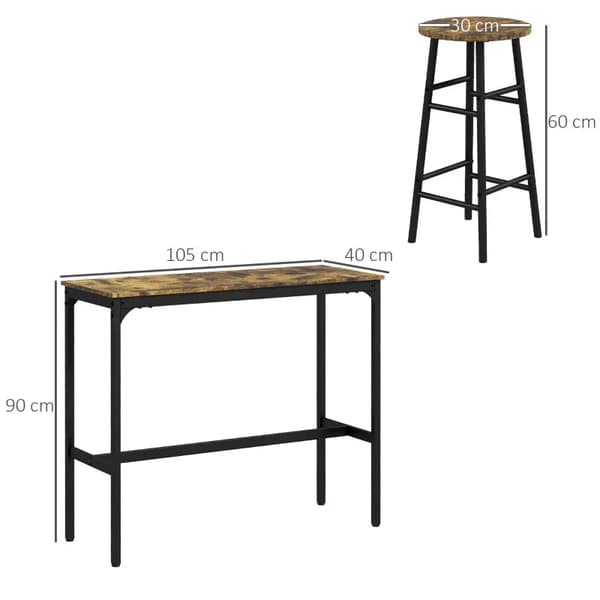 Barsæt til 2 personer med 2 barstole | Farve: Rustik brun | Mål: 105x40x90 cm