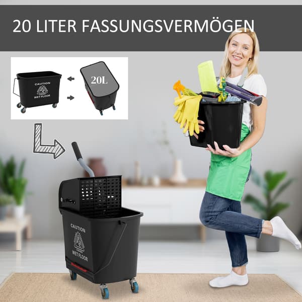 Moppespand med vrider, 20 liter | Farve: Sort | Mål: 27x60x70,5 cm
