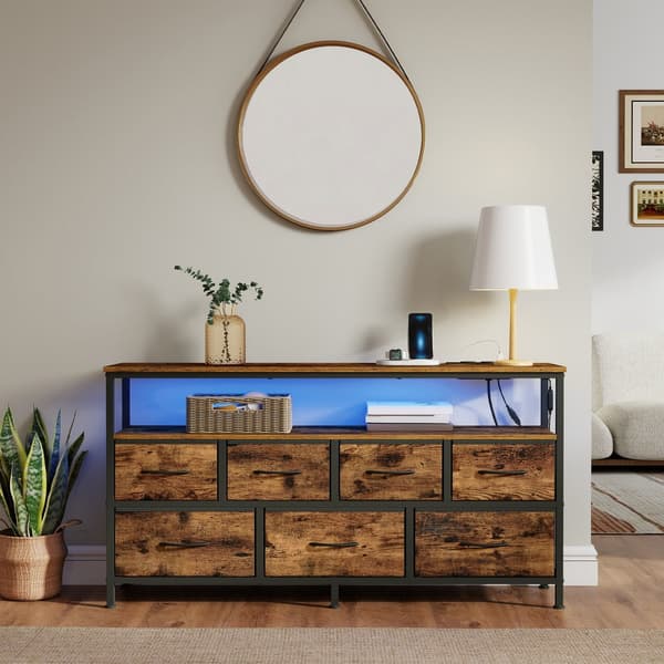Kommode med LED-belysning, skænk til stue | Brun-sort | 113,8x30x68,1 cm