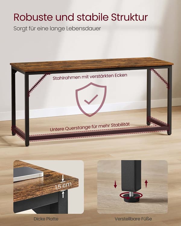 Rustikt skrivebord - brun/sort - spånplade - stål - 60 x 160 x 76 cm