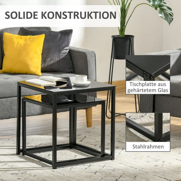 Sæt med 2 sideborde - Stabelbare glasborde | Farve: Sort | Mål: 50x50x52 cm