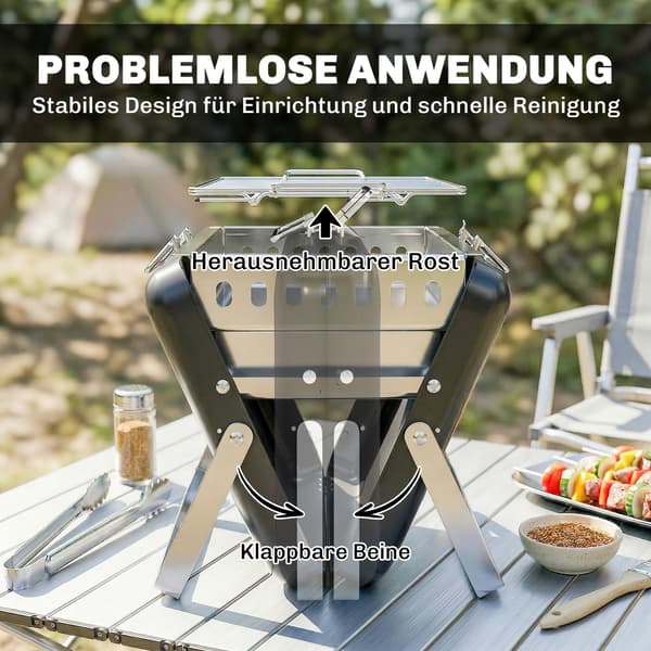 Kulgrill BBQ ryger med foldbare ben | Farve: Sort | Mål: 28x40x25,5 cm