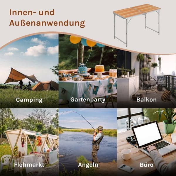 Fällbart campingbord justerbart | Ljus ek | 60x120x55/62/70 cm