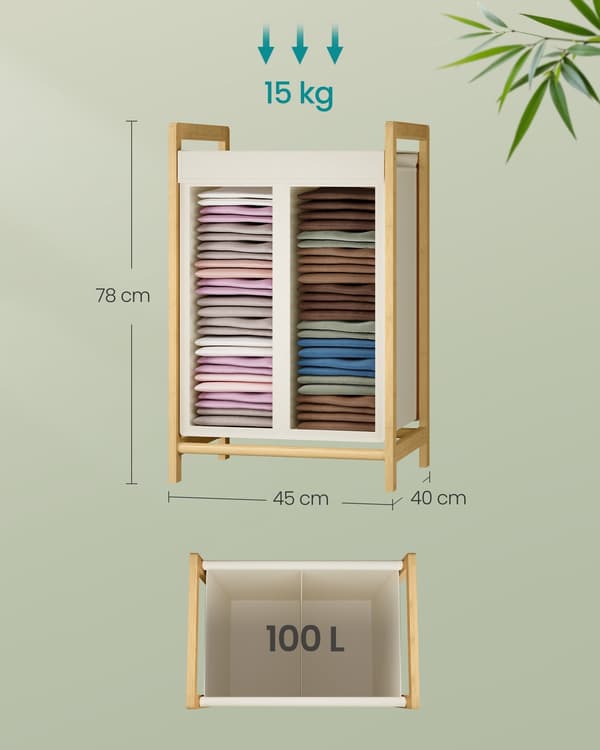 Laundry basket with bamboo frame and two compartments | Gräddvit | 40x45x78 cm