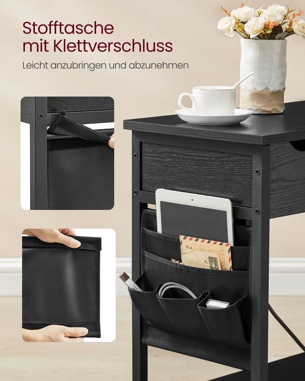 Sort sidebord med træåre – spånplade, stål og stofpose – 60 x 31,5 x 60 cm