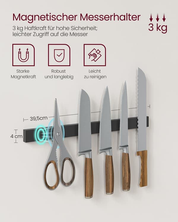 Keittiöteline magneettinauhalla ja 12 koukulla, musta, lastulevy/teräs