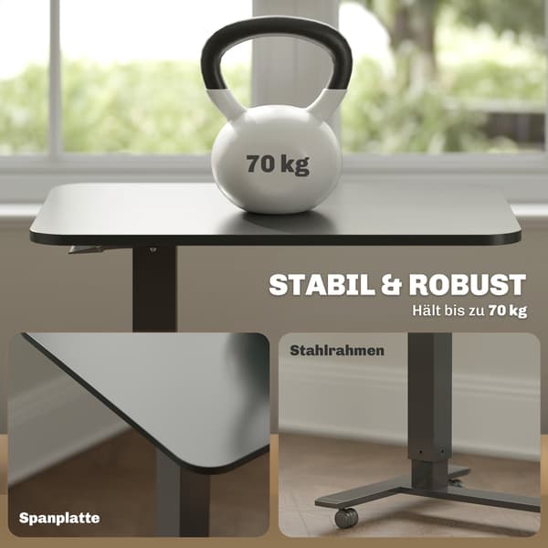 Højdejusterbart skrivebord på hjul - C-form | Farve: Sort | Mål: 48x65x70-110 cm