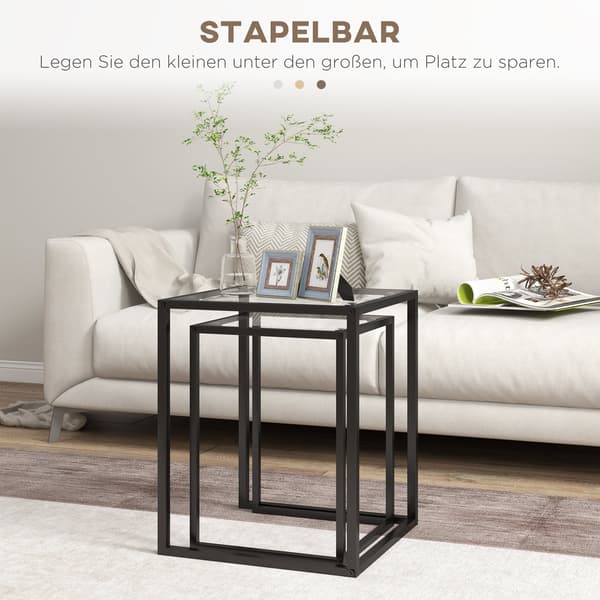 Sæt med 2 stabelbare sorte sideborde med stålben | Farve: Sort | Mål: 42x42x51 cm