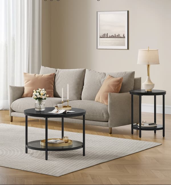 Sofabord 2 plan - Glas - Marmor look - Sort-grå - 65 x 46 cm